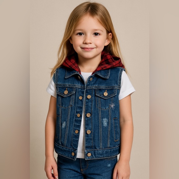 Sleeveless Denim Jacket Jean Vest Hoodies Kids Waistcoat Outerwear For Boys Girl - Picture 1 of 15